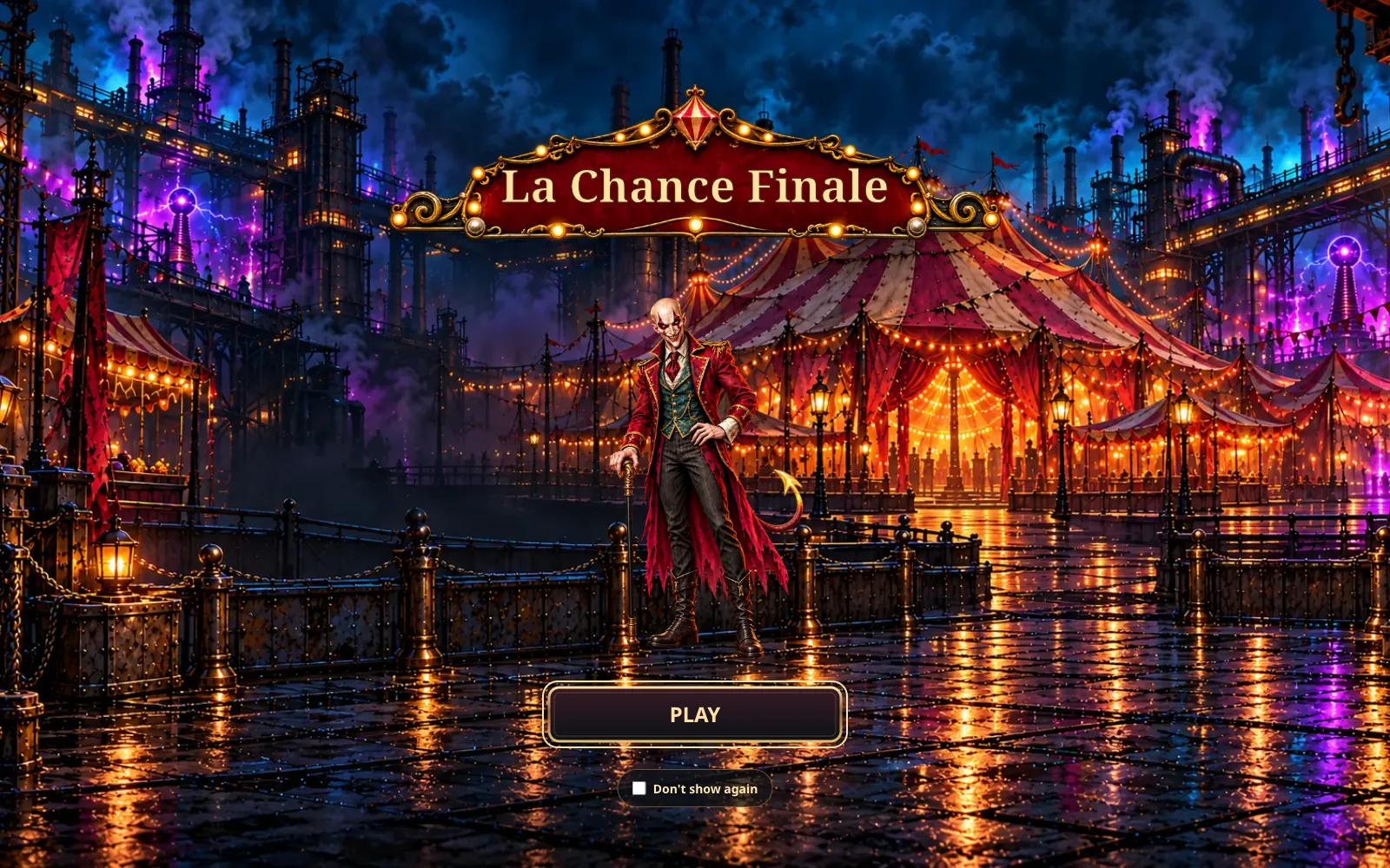 La Chance Finale start screen: the ringmaster in front of the circus tents.