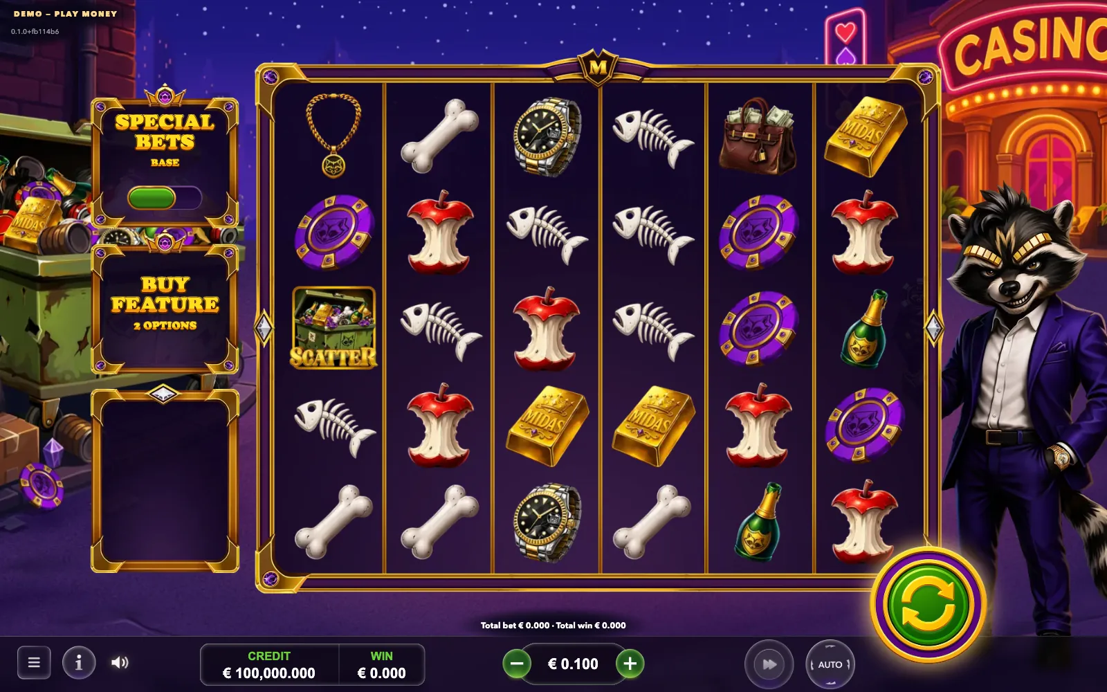 Midas. The Money Coon gameplay: a 6×5 grid of loot symbols next to the raccoon in a purple suit.