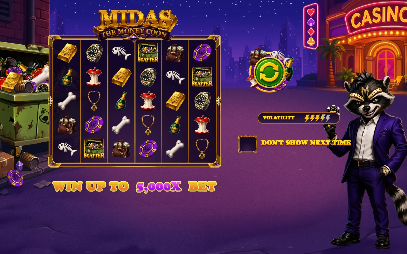 Midas. The Money Coon start screen: win up to 5,000× the bet.