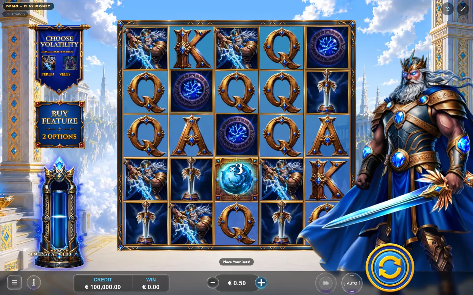 Perun's Reign gameplay: a 5×5 grid with Perun standing beside the reels.